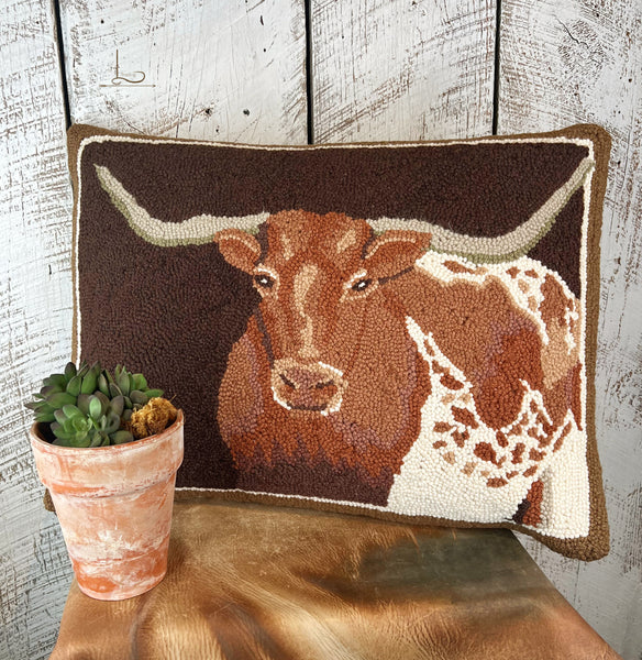 The Big Tex Longhorn ~ Wool Hooked Pillow