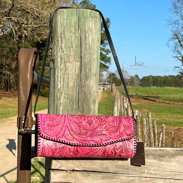 The Antonio Tooled Leather Clutch/shoulder bag in Pink