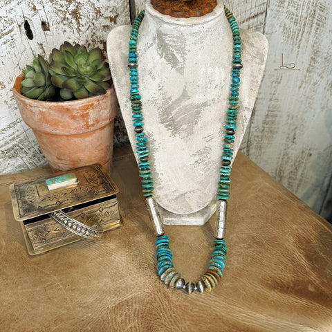 The Becenti Turquoise & Sterling Silver Horse Stamped Barrel Pearl Necklace