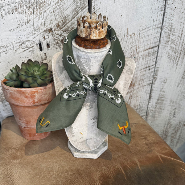 Embroidered Cattle Call Bandana in Olive