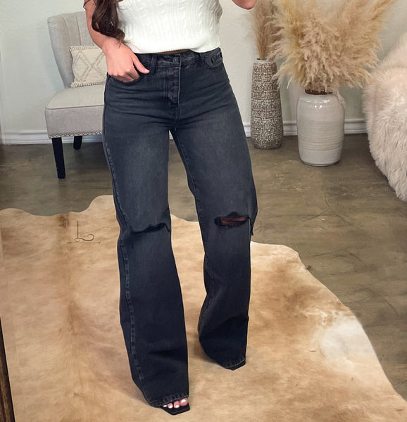 The Charlie ~ Wide Leg Faded Black Jeans