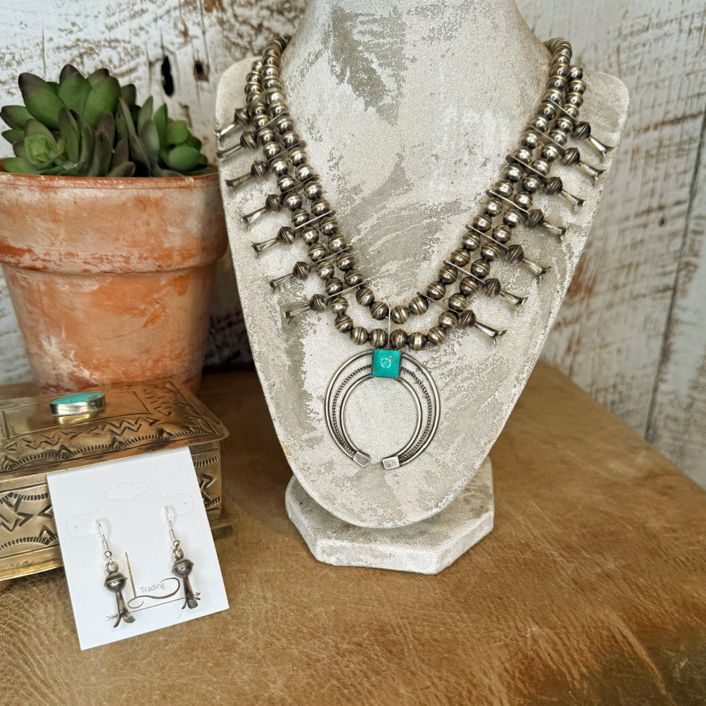 The Mini Turquoise Squash Blossom Necklace with earrings