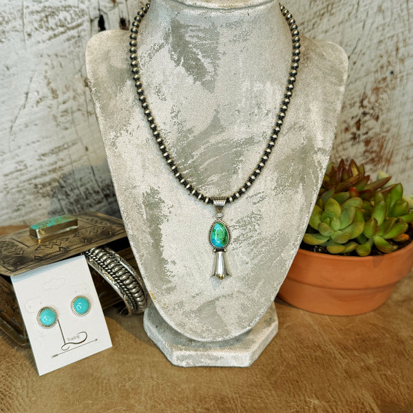 Turquoise Squash Blossom & Sterling Silver Pearl Necklace