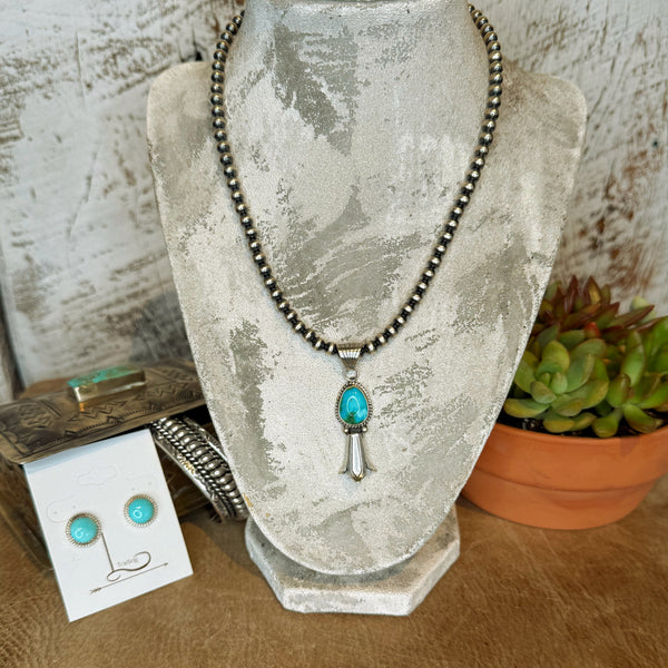 Turquoise Squash Blossom & Sterling Silver Pearl Necklace