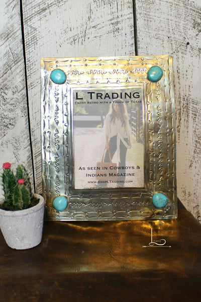 Frame, 4x6 Vintage Stamped Silver with Turquoise Stones