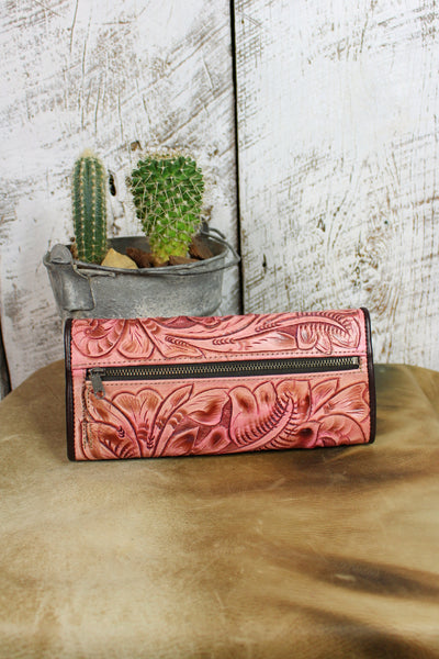 Pink offers blossom hand tooled carved small wallet