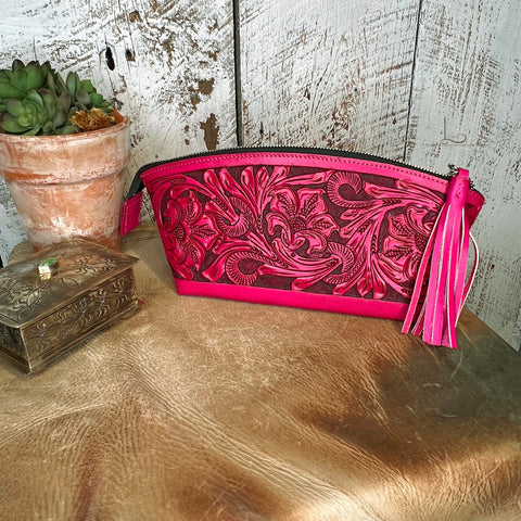 Cosmetica Chica Tooled Leather in Pink -Costmetic Tote