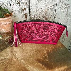Cosmetica Chica Tooled Leather in Pink -Cosmetic Tote