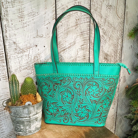 The Guthrie Tooled Leather Tote in Turquoise