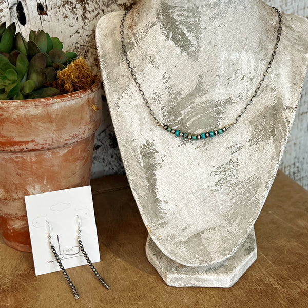 The Sterling Silver Micro Pearl & Turquoise Bar Necklace