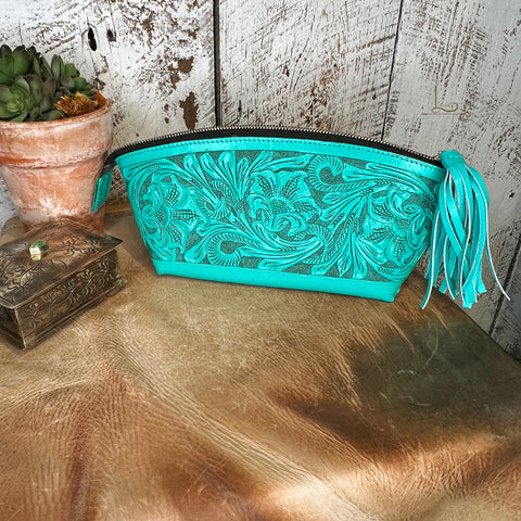 Cosmetica Chica Tooled Leather in Turquoise -Costmetic Tote