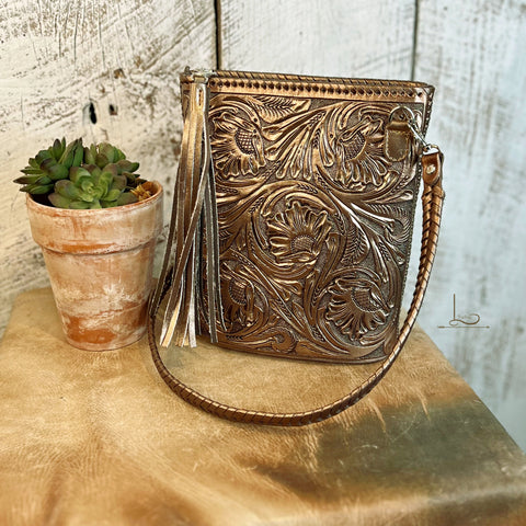 The Vaquera Tooled Crossbody/Shoulder bag in Metallic Bronze