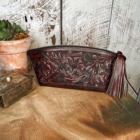 Cosmetica Chica Tooled Leather in Cafe Viejo -Cosmetic Tote