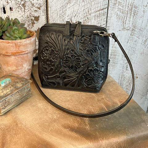 The Catalina Tooled Leather Crossbody in Classic Black