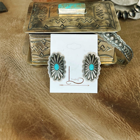 The Turquoise & Silver Handstamped Concho Earrings