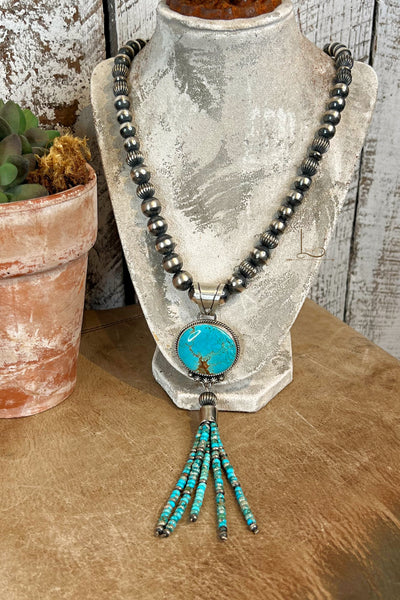 The Sterling Silver Pearl Necklace & Turquoise Tassel Pendant Set