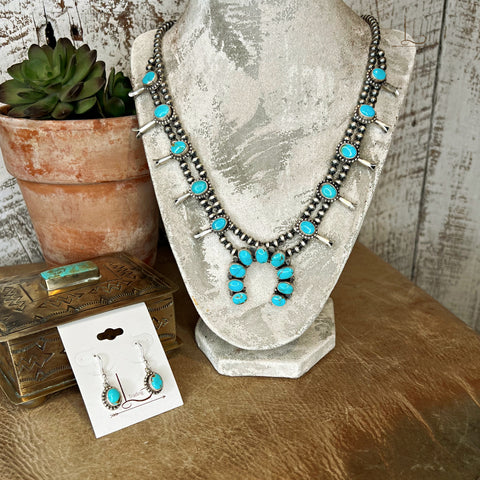 The Gallup Mini Turquoise Squash Blossom Necklace with earrings