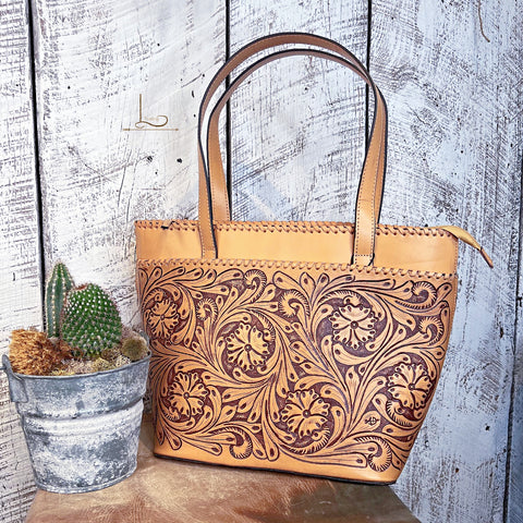 The Guthrie Tooled Leather Tote in Natural
