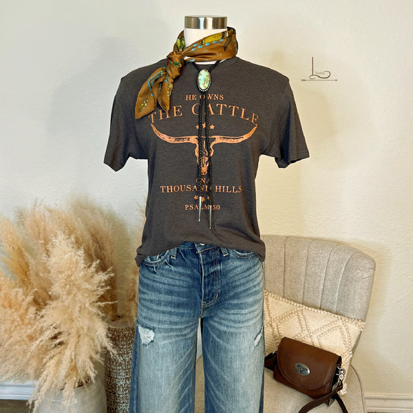 He Owns The Cattle~ Graphic Tee in Grey