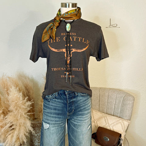 He Owns The Cattle~ Graphic Tee in Grey