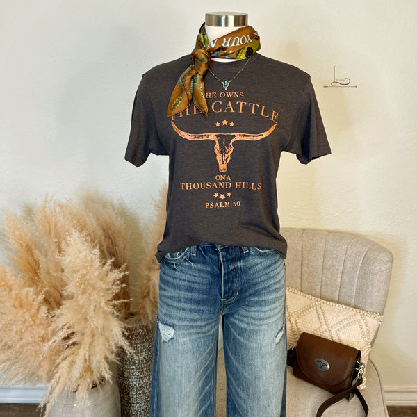 He Owns The Cattle~ Graphic Tee in Grey