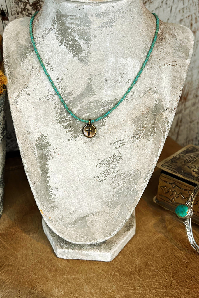 The Turquoise Bead with Bronze Cross Necklace