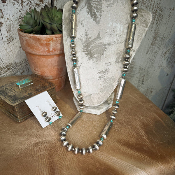 Handmade Sterling Silver Barrel Pearls & Turquoise necklace with Earrings