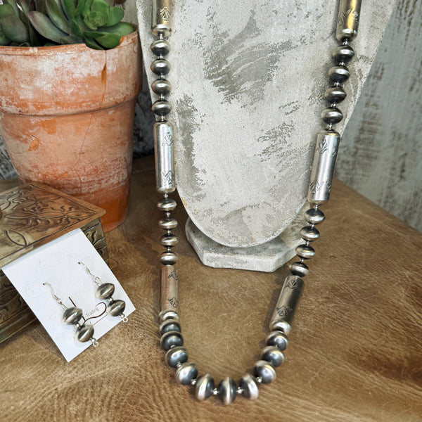 Handmade Sterling Silver Stamped Barrel Pearls Necklace with Earrings