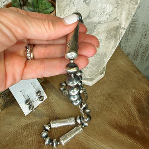 Handmade Sterling Silver Stamped Barrel Pearls Necklace with Earrings
