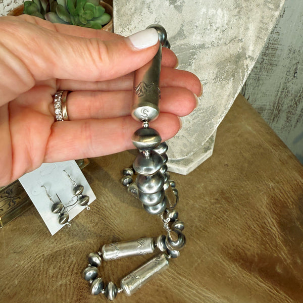Handmade Sterling Silver Stamped Barrel Pearls Necklace with Earrings