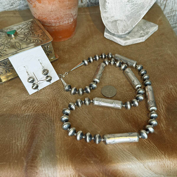 Handmade Sterling Silver Stamped Barrel Pearls Necklace with Earrings