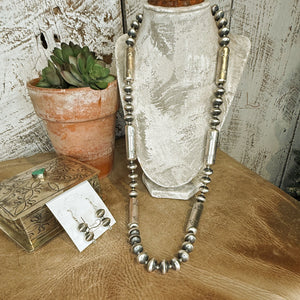 Handmade Sterling Silver Stamped Barrel Pearls Necklace with Earrings