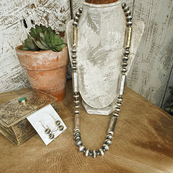 Handmade Sterling Silver Stamped Barrel Pearls Necklace with Earrings