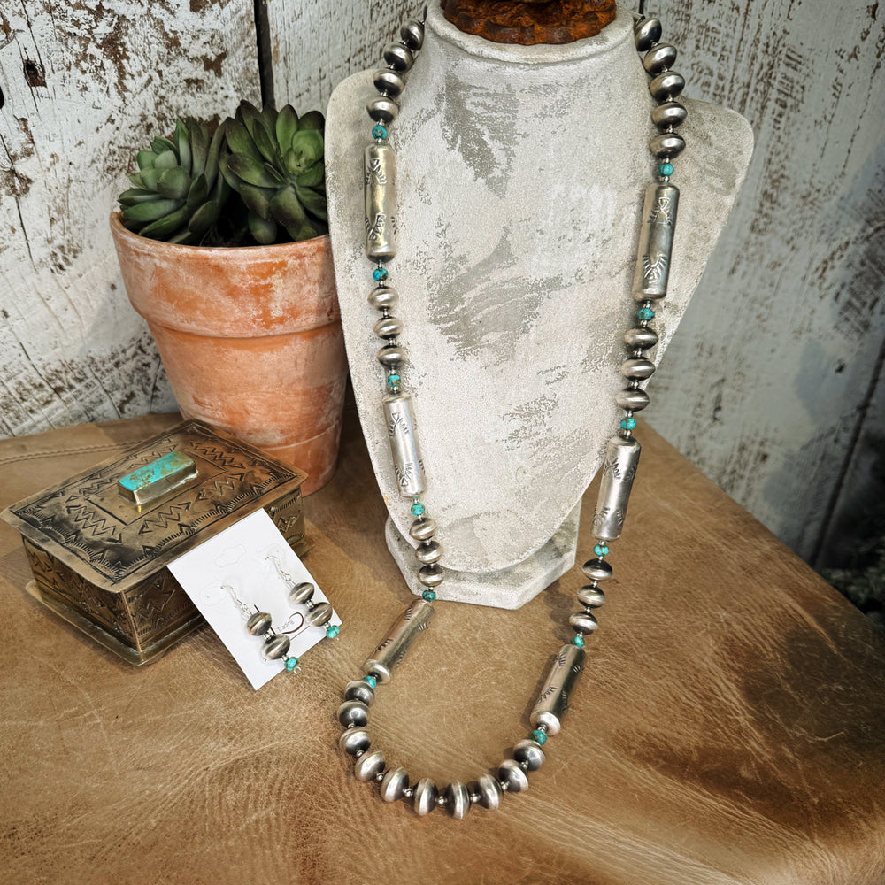 Handmade Sterling Silver Barrel Pearls & Turquoise necklace with Earrings