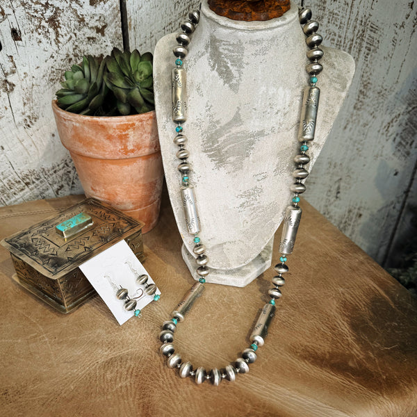Handmade Sterling Silver Barrel Pearls & Turquoise necklace with Earrings