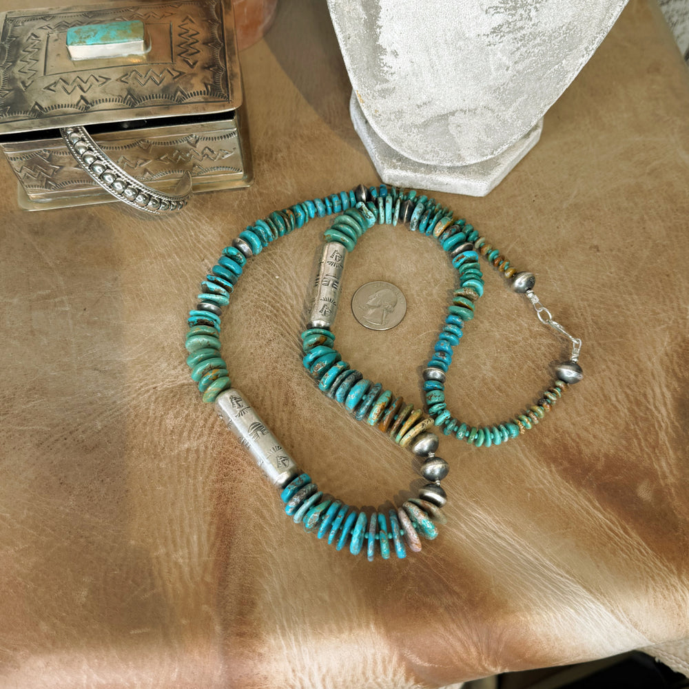 The Becenti Turquoise & Sterling Silver Horse Stamped Barrel Pearl Necklace
