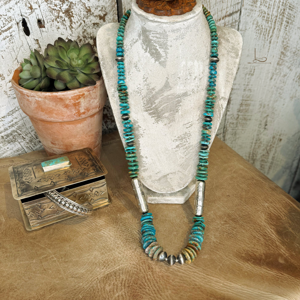 The Becenti Turquoise & Sterling Silver Horse Stamped Barrel Pearl Necklace