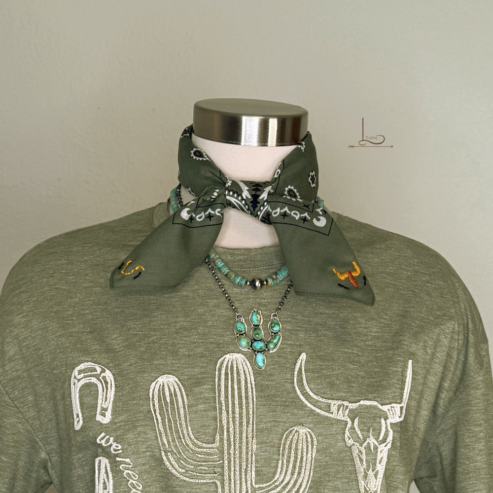 Embroidered Cattle Call Bandana in Olive