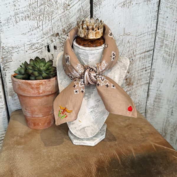Embroidered Cattle Call Bandana in Tan