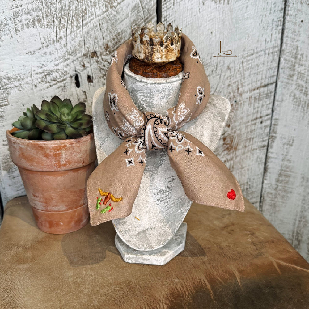 Embroidered Cattle Call Bandana in Tan