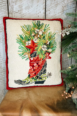 Christmas Cowboy Boot ~ Wool Hooked Accent Pillow