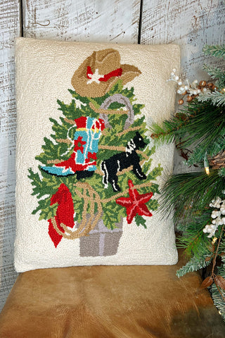 Western Christmas Tree ~ Wool Hooked Accent Pillow