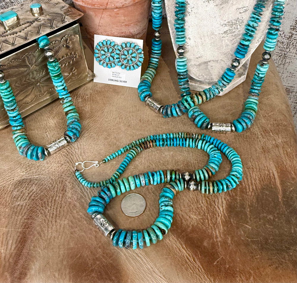The Graduated Turquoise & Sterling Stamped Barrel Pearl Necklace