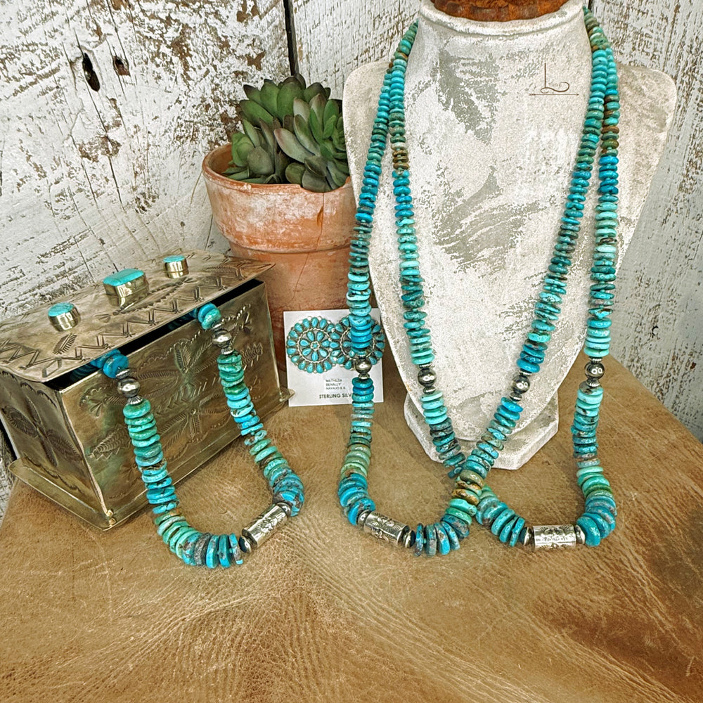 The Graduated Turquoise & Sterling Stamped Barrel Pearl Necklace
