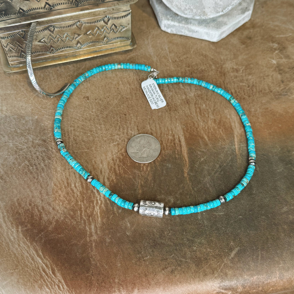Heishi Turquoise & Sterling Silver Stamped Barrel Pearl Necklace