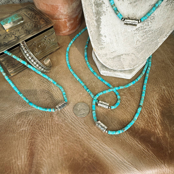 Heishi Turquoise & Sterling Silver Stamped Barrel Pearl Necklace
