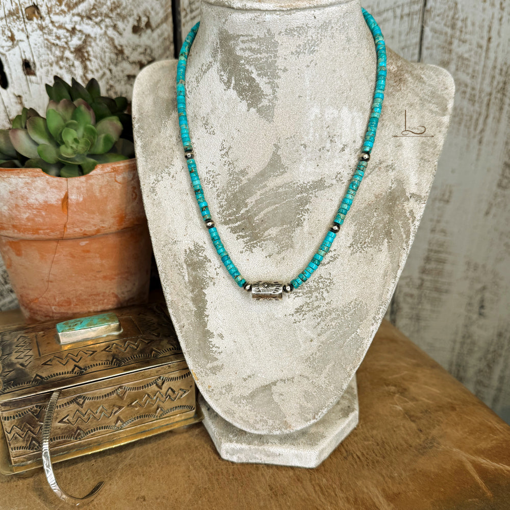 Heishi Turquoise & Sterling Silver Stamped Barrel Pearl Necklace