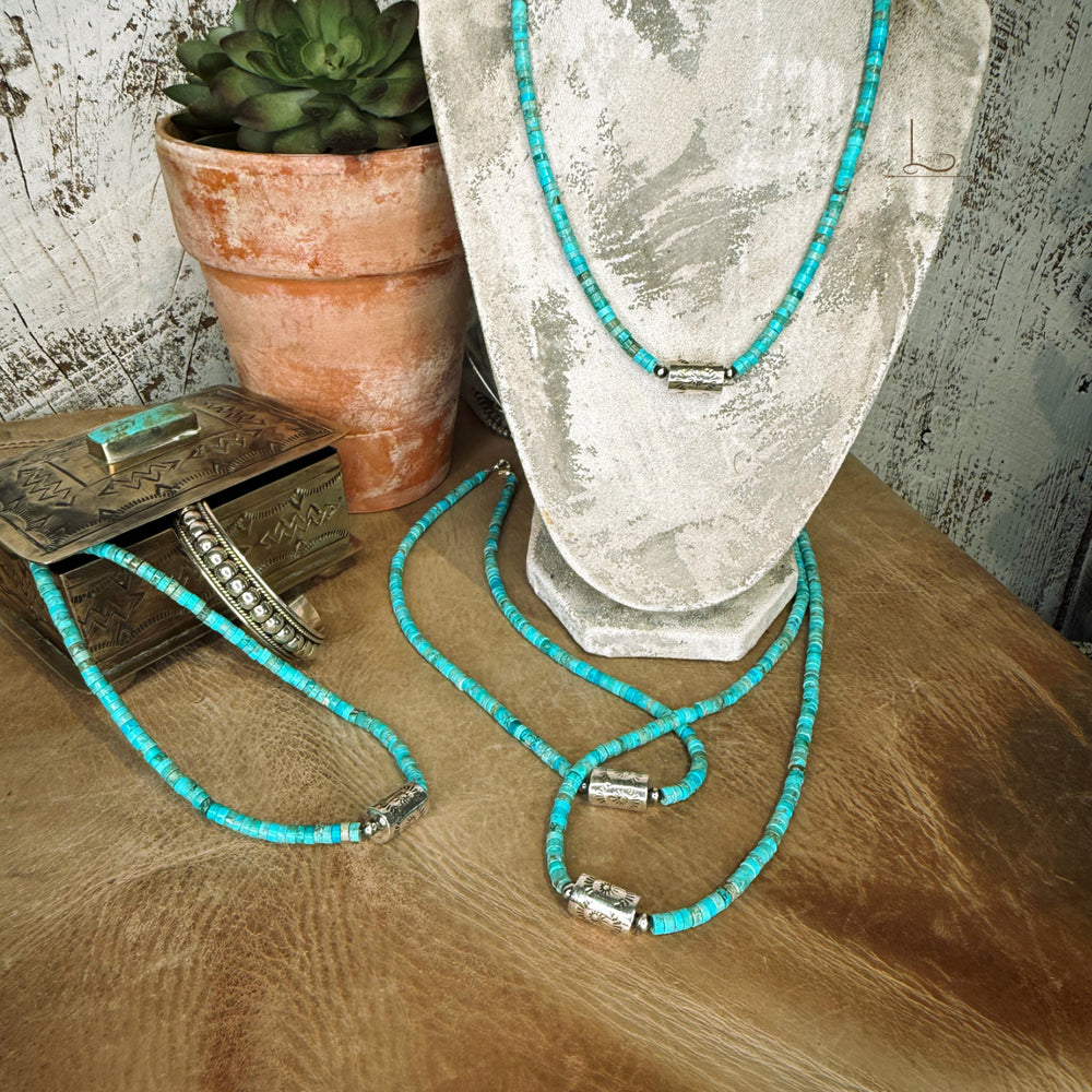 Heishi Turquoise & Sterling Silver Stamped Barrel Pearl Necklace