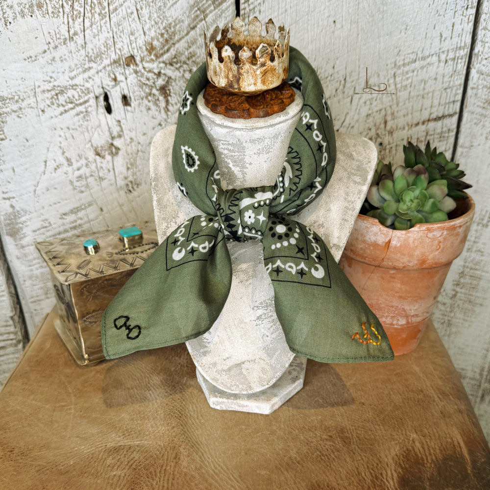 Embroidered Horse Bits Bandana in Olive