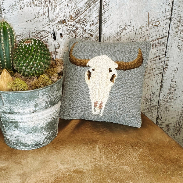 The Little Grey Longhorn ~ Wool Hooked Pillow